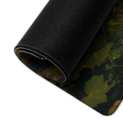 Black camo leaf gaming mousepad with autumn forest waterfall design