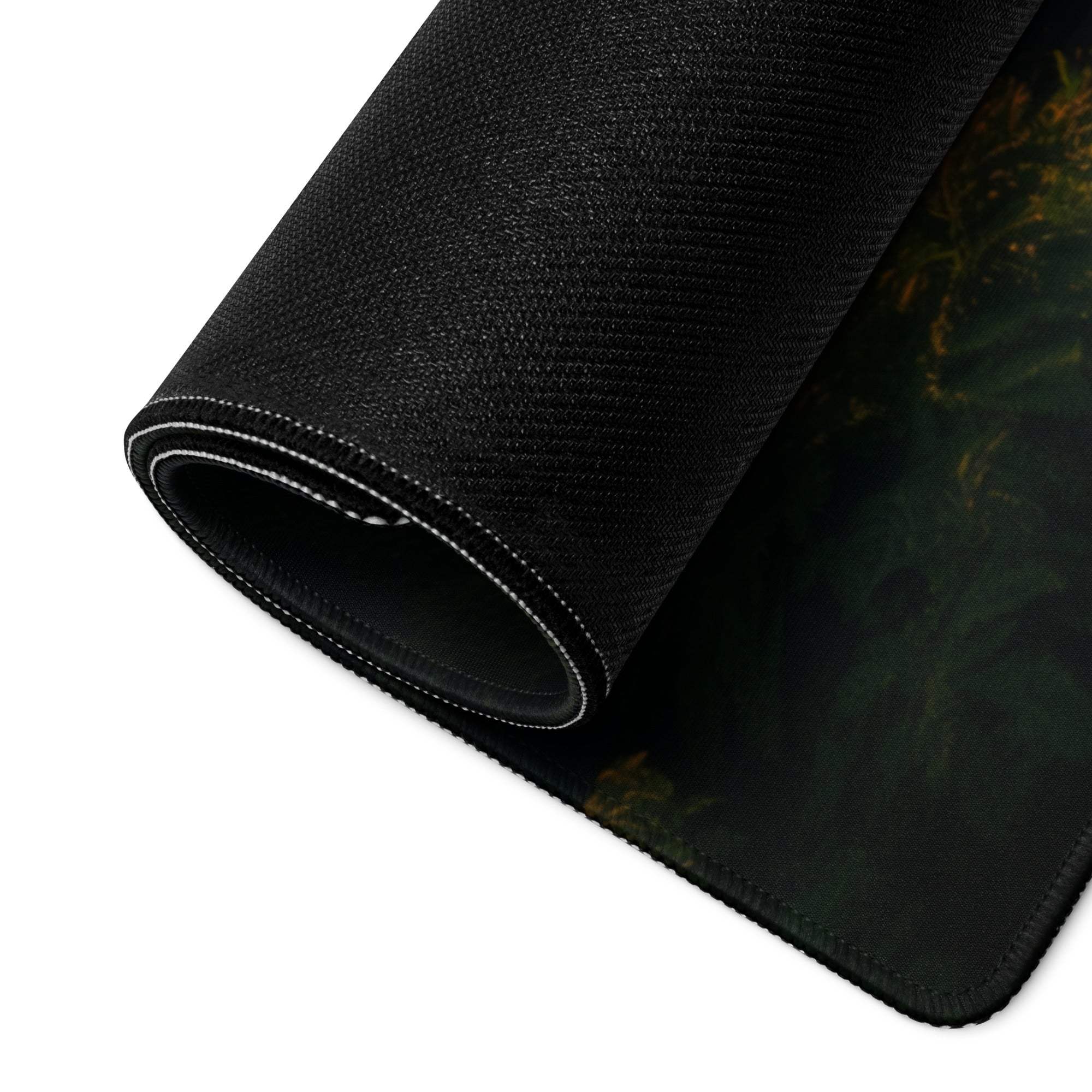 Black textured Golden Hour gaming mouse pad with green gold marble design