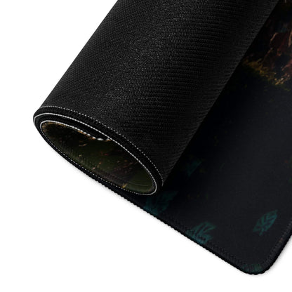 Black textured Golden Hour Forest gaming mousepad with green gold design
