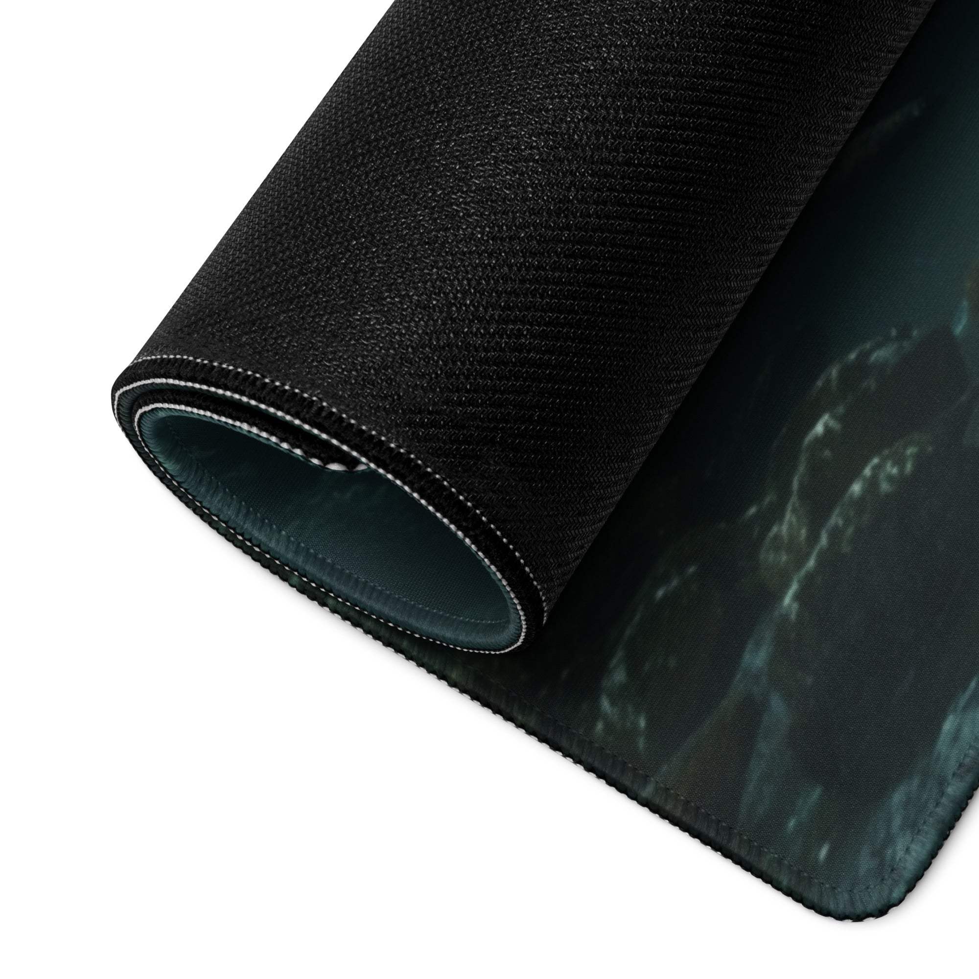 Black textured moody forest green gaming mousepad with dark mountain landscape