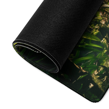 Large Lush Forest Sunbeam gaming mouse pad with green jungle design and stitched edge