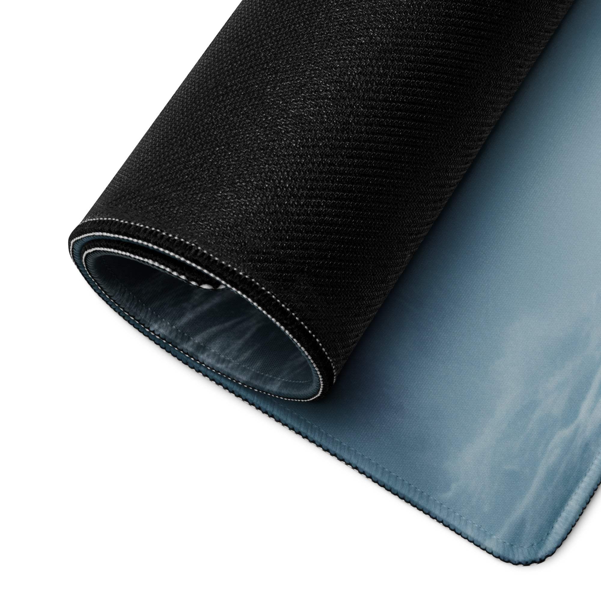 Black and blue textured Moody Blue Waterfall gaming mousepad with stitched rolled edge