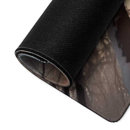 Forest Dawn Warm Orange Glow mousepad back: black textured camo non-slip base