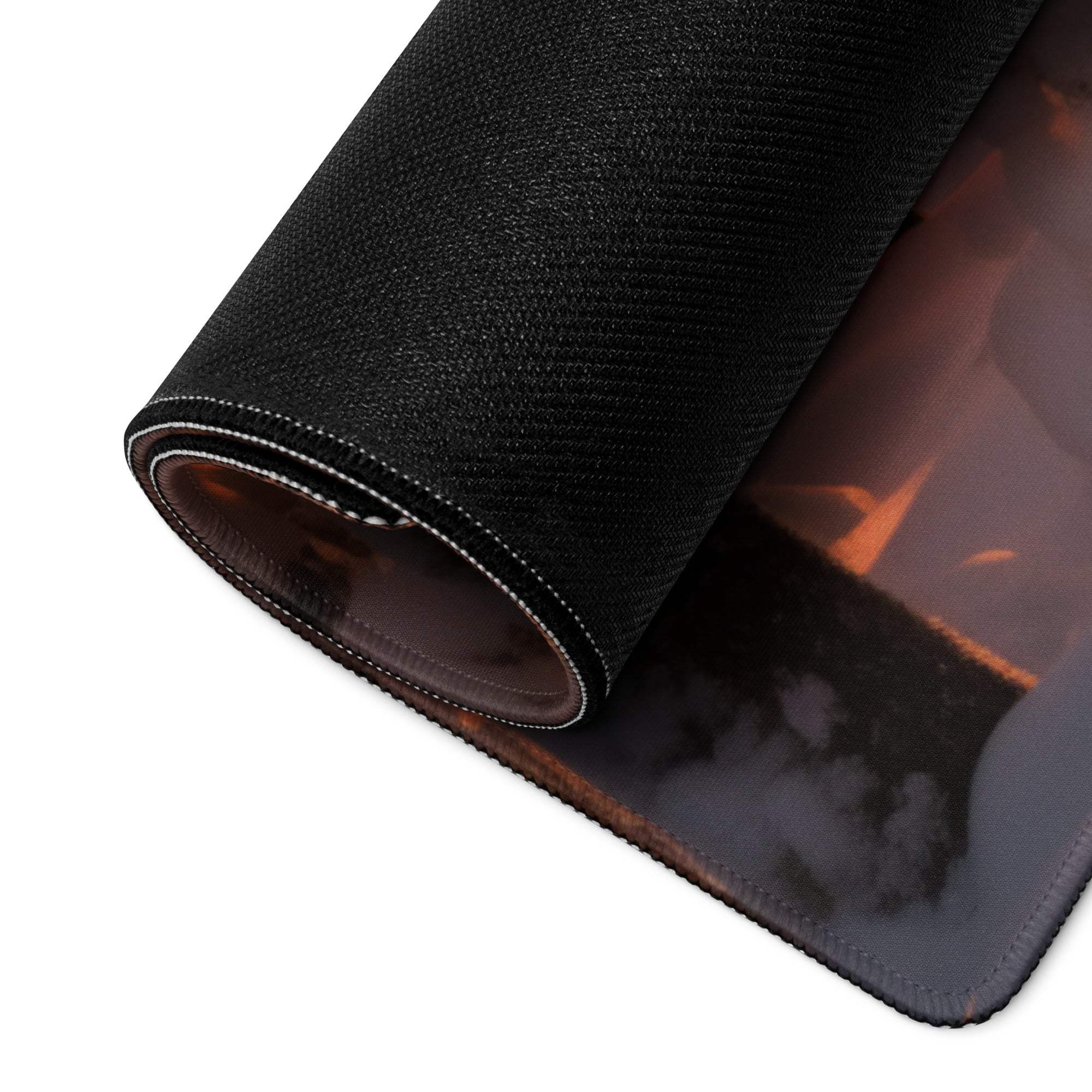 Black textured gaming mousepad with fiery orange gray design and stitched edge