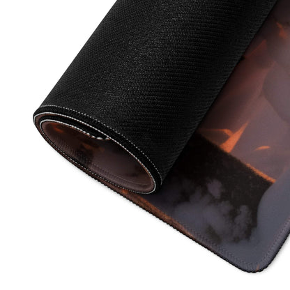 Black textured gaming mousepad with fiery orange gray design and stitched edge
