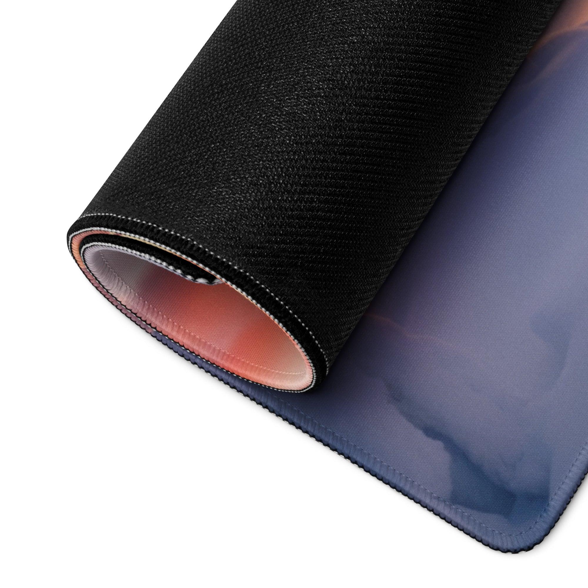 Extended black gaming mousepad with blue purple winter sunset gradient and non-slip base