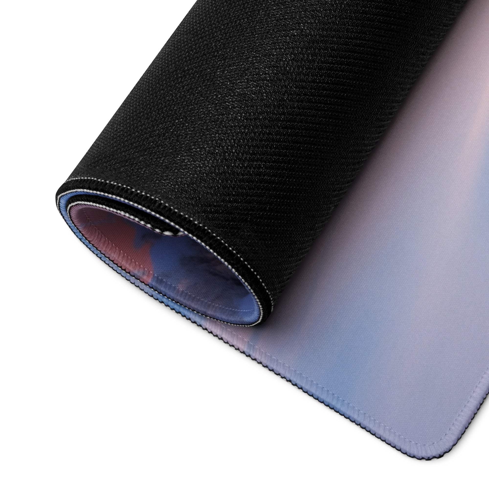 Black textured gaming mousepad with blue-purple gradient, Serene Winter Sunset Vista, rolled view