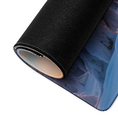 Black textured gaming mousepad with rolled edge and icy blue purple frosted pines sunset design