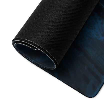 Black textured Dreamy Aurora Forest mousepad with blue gradient and white stitching