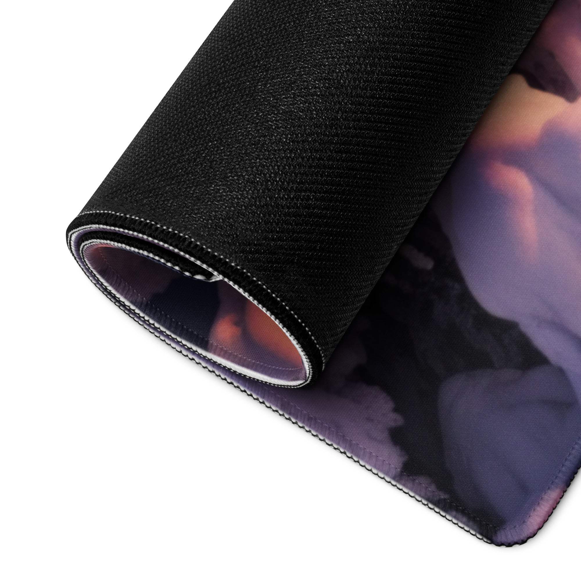 Large cosmic purple pink textured gaming mouse pad with stitched edges
