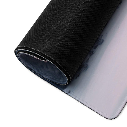 Back of Calm Winter Snow Forest large gaming mouse pad with black textured underside gradient and non-slip base