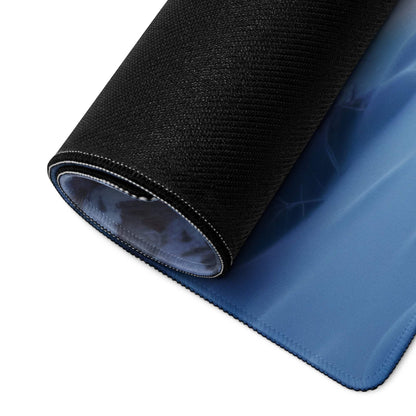 Black textured gaming mousepad back with blue non-slip underside, Winter Serenity design