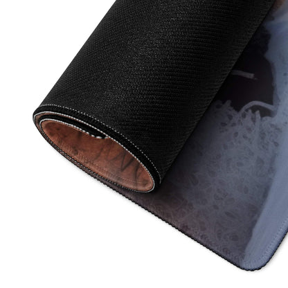 Black textured gaming mousepad with serene winter forest sunrise gradient and leather lining