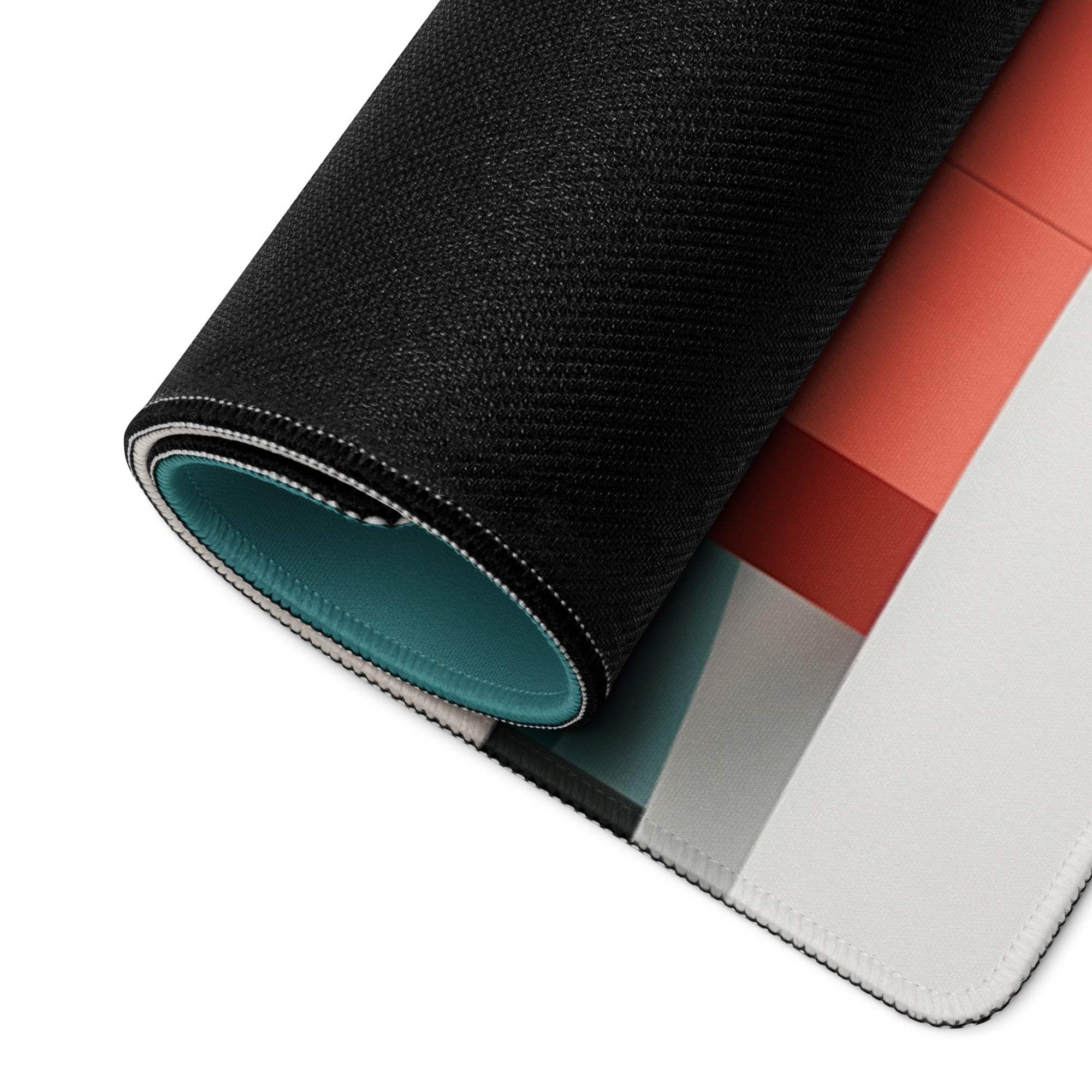 Whimsical Winter Village Teal Sky large gaming mouse pad with black textured rolled edge revealing teal lining