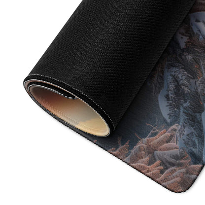 Black textured gaming mousepad with cinematic winter mountain landscape illustration
