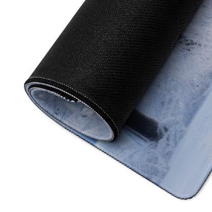 Winter Blue Forest gaming mouse pad underside, black textured with blue-white design