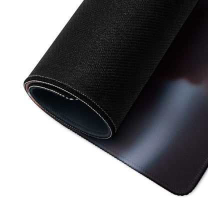 Black textured gaming mousepad with stitched edges, moody blue red gradient motif, non-slip base