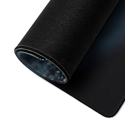 Backside of Premium Extended Midnight Ember Gaming Mouse Pad with black texture, stitched edges, and subtle blue underside pattern