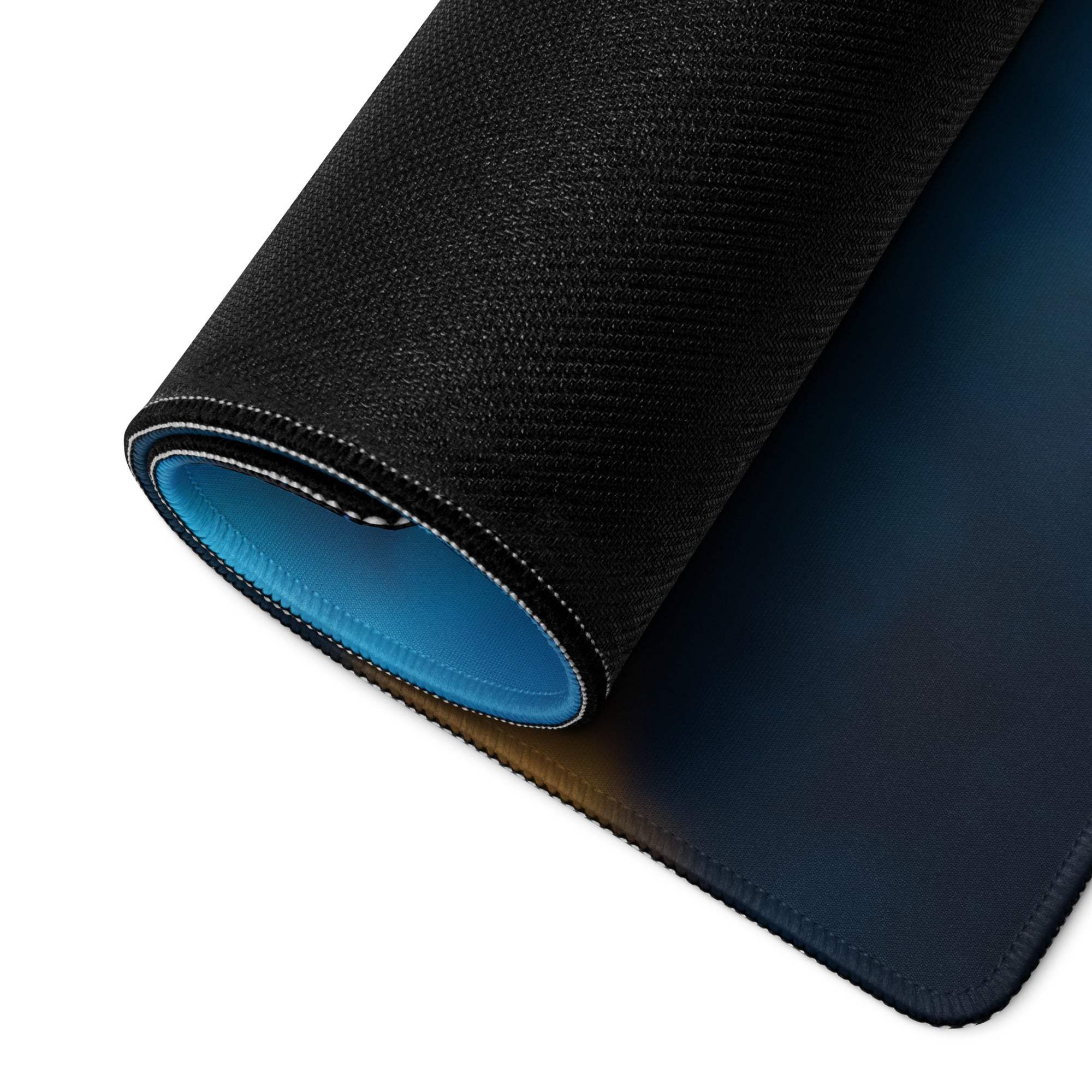 Black textured gaming mousepad with blue lining, stitched edges, Ocean Blue Nebula design