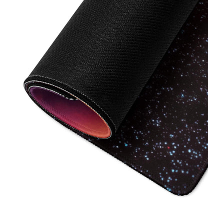 Black galaxy gaming mousepad with nebula stars, stitched edges, non-slip base