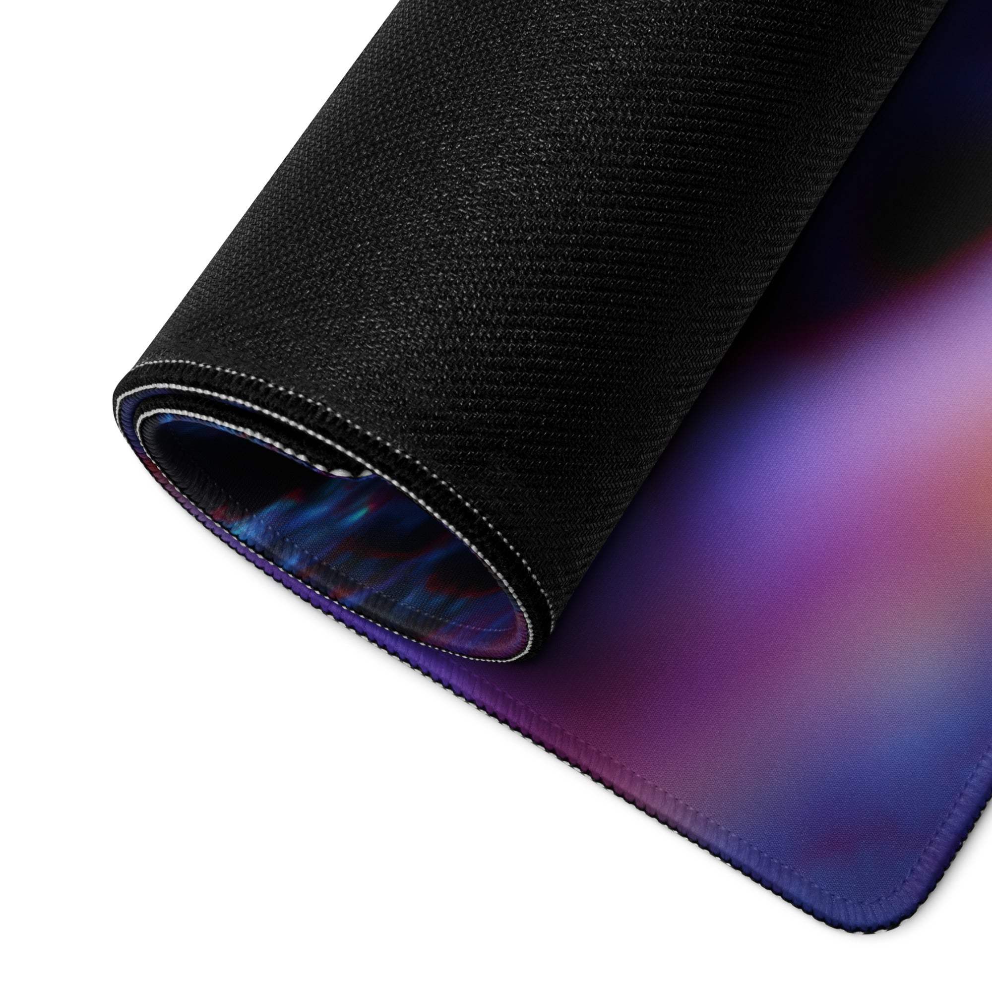 Black textured gaming mousepad with immersive neon purple blue pink gradient