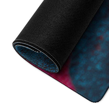 Black rolled cosmic gaming mousepad in vibrant lava neon blue pink design