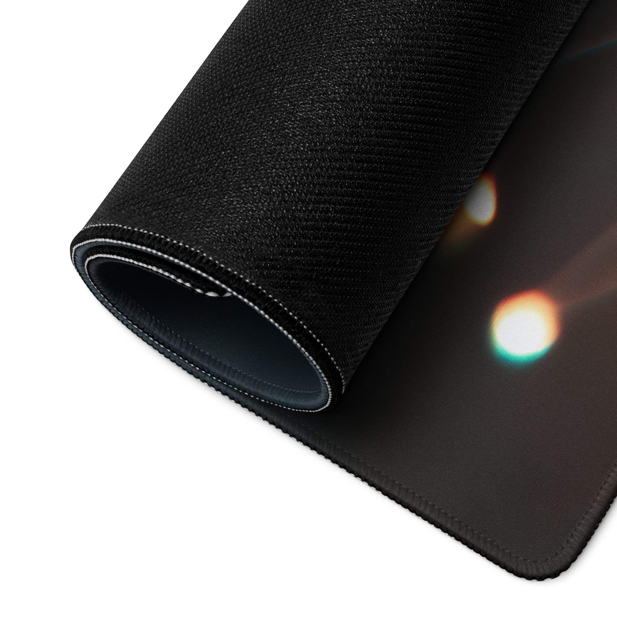Black textured Moody Blue Bokeh Lights gaming mousepad with glowing surface