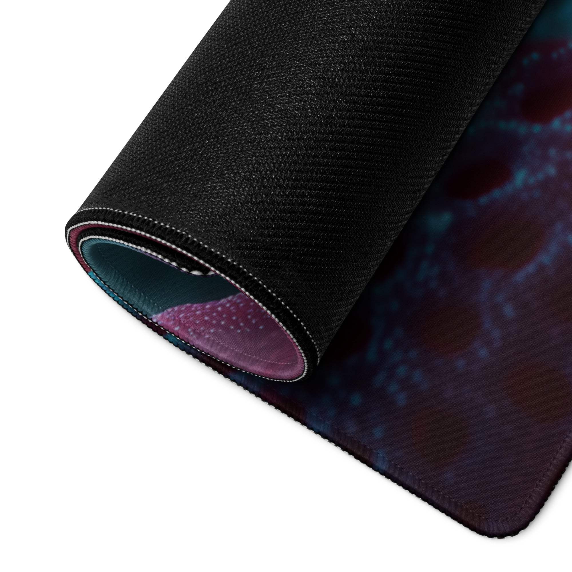Black cosmic textured gaming mousepad with neon leaves macro art