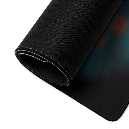 Large black textured gaming mousepad with teal orange glow gradient edge