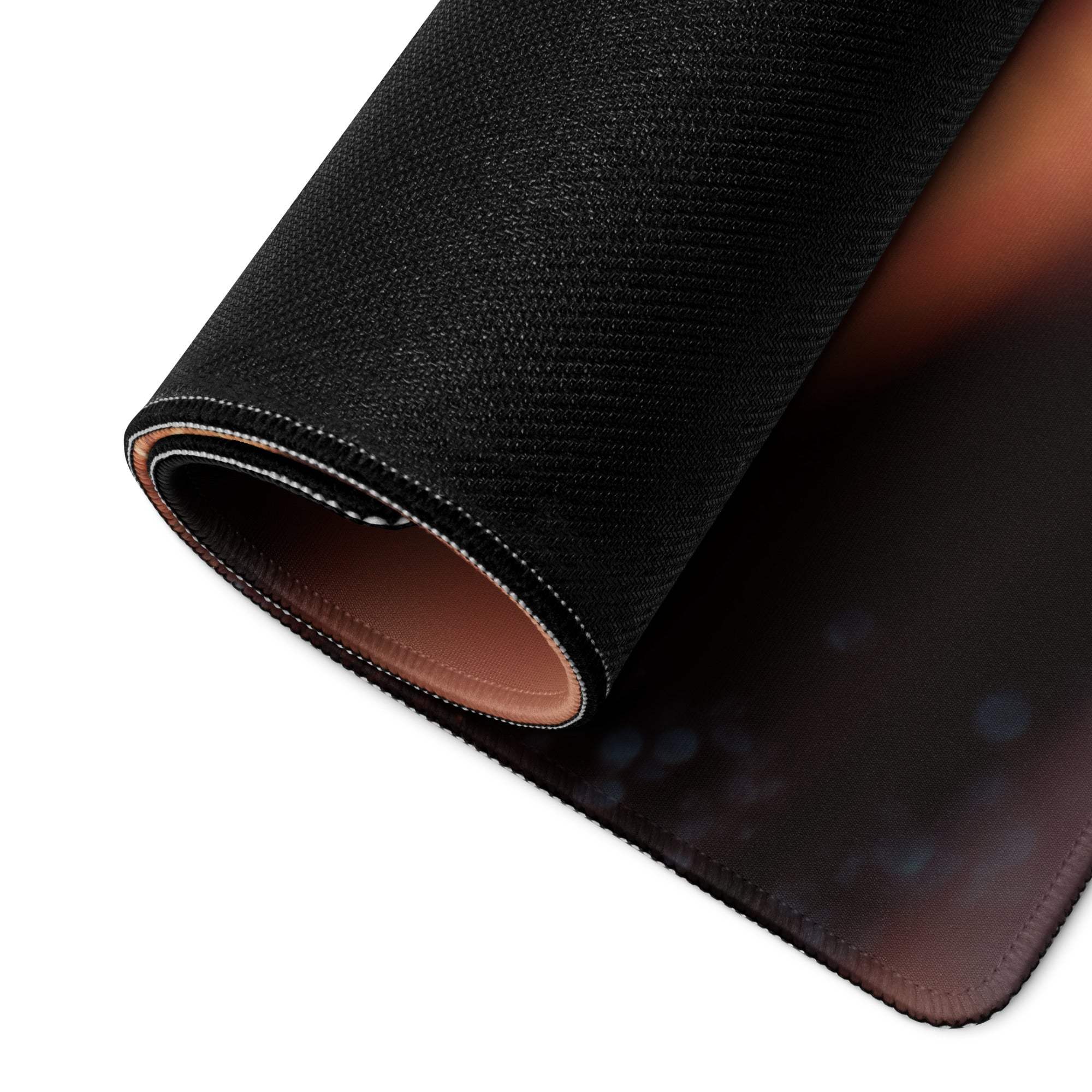 Premium Dark Ember gaming mouse pad back: black textured top, brown leather underside, stitched edges