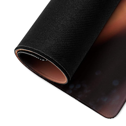 Premium Dark Ember gaming mouse pad back: black textured top, brown leather underside, stitched edges
