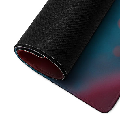 Vibrant black gaming mousepad with blue-to-red gradient, stitched edges, non-slip backing