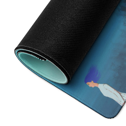 Teal Gradient Contemporary Mouse Pad With Hilltop Figures Modern Art Desk Pad For Home Office 36x18 Inches