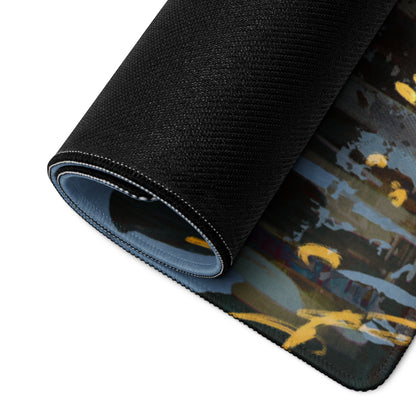 Urban Night Cityscape Gaming Desk Pad - Cityscape Blue Yellow Gaming Desk Abstract Moody Urban Esports Desk Art