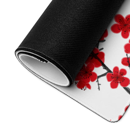 Crimson Sun Sakura Gaming Mouse Pad - Mouse Pad Red White Black Desk Minimal Sakura - Calm Japandi Style Gaming Desk