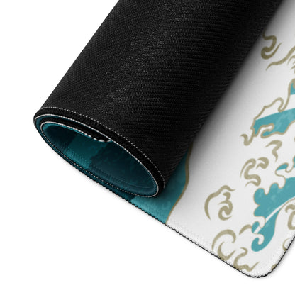Crane Waves Ukiyo-e Desk Pad - Crane Waves Desk Pad Teal Blue White Ukiyo-e Gaming Bold Mood Japanese Decor Mouse Pad