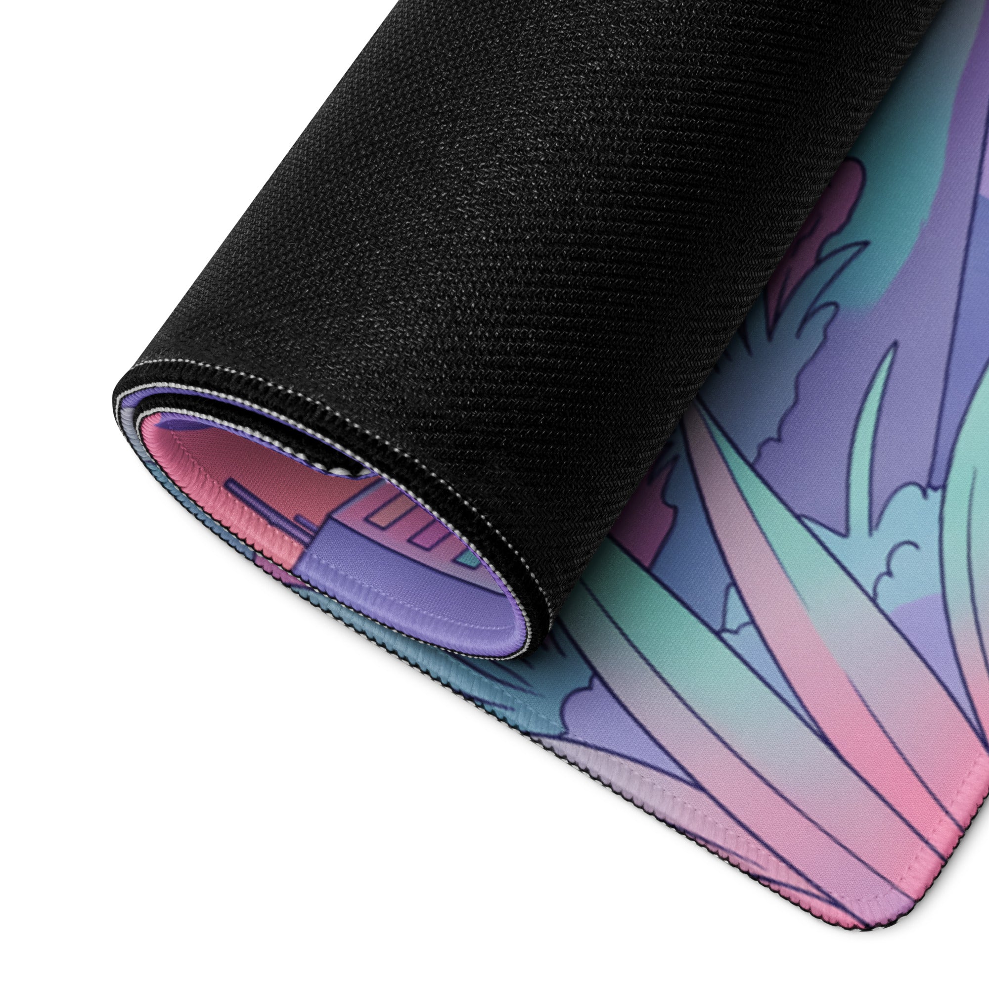 Nissan Skyline GT-R R34 Inspired Blue Pink Vaporwave Gaming Mouse Pad, Neon JDM Sports Car Desk Mat with Retro Futuristic City Sunset Artwork