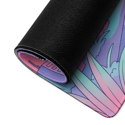 Nissan Skyline GT-R R34 Inspired Blue Pink Vaporwave Gaming Mouse Pad, Neon JDM Sports Car Desk Mat with Retro Futuristic City Sunset Artwork