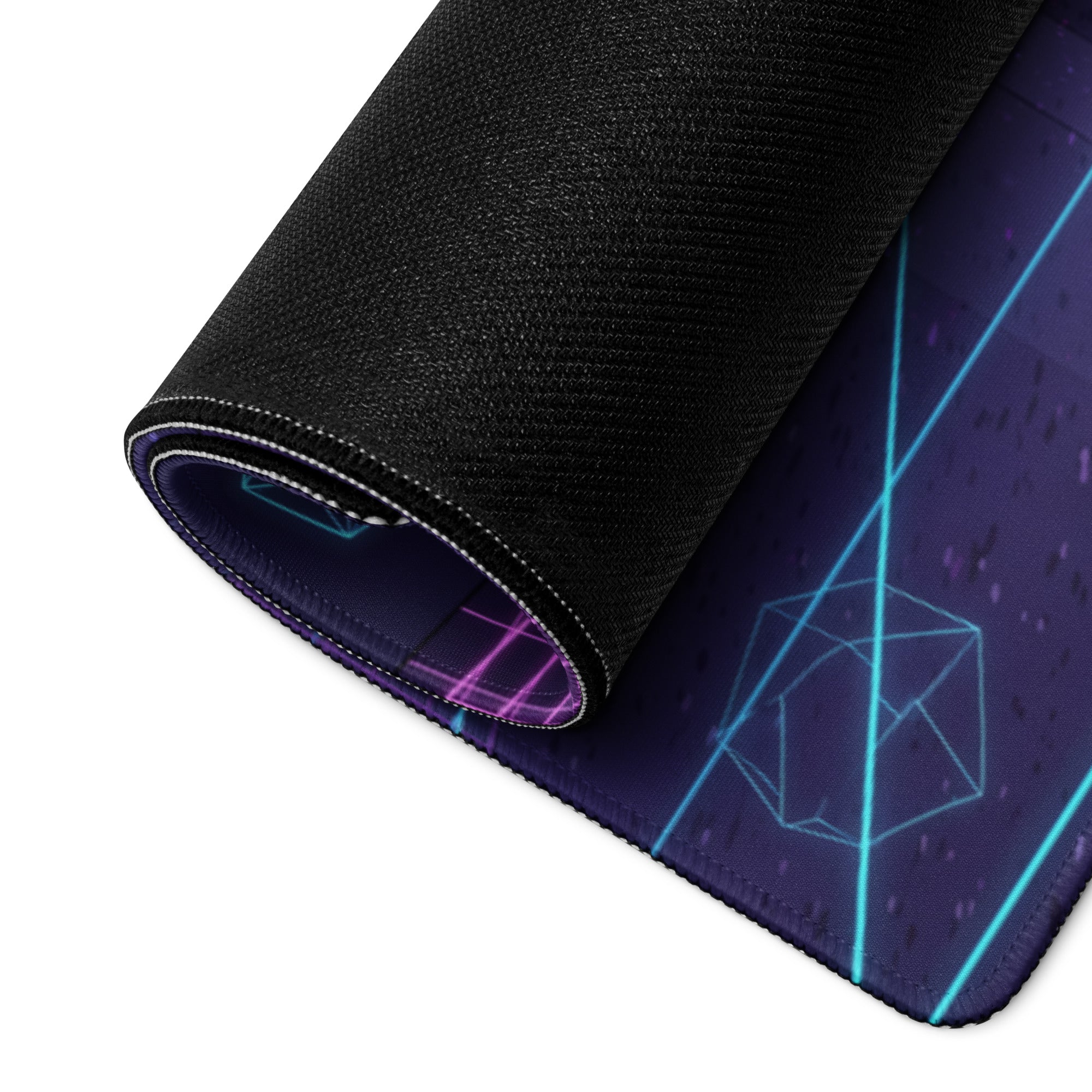 Ford Mustang GT Inspired White Vaporwave Gaming Mouse Pad – Neon Blue Pink Futuristic Garage Desk Mat with Retro City Skyline and Geometric Art