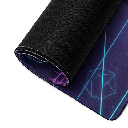 Ford Mustang GT Inspired White Vaporwave Gaming Mouse Pad – Neon Blue Pink Futuristic Garage Desk Mat with Retro City Skyline and Geometric Art