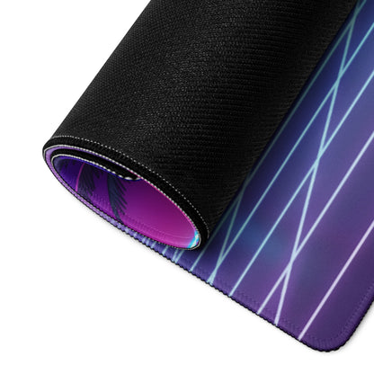 Ford Mustang Dark Horse Inspired White Vaporwave Gaming Mouse Pad – Neon Pink Cyan City Skyline Desk Mat with Retro Grid Sun and