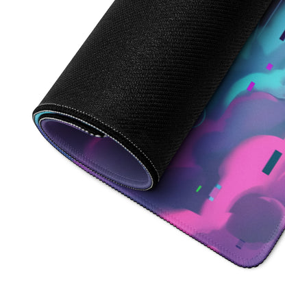 Porsche 911 Turbo S Inspired Dark Teal Vaporwave Gaming Mouse Pad – Neon Pink Cyan Grid Desk Mat with Glitch Clouds, Mountains and Retro Synthwave Art
