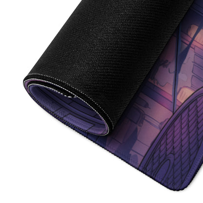 Lamborghini Huracán Inspired Silver Purple Vaporwave Gaming Mouse Pad – Neon Tokyo Street Desk Mat, Cyberpunk Supercar Digital Artwork