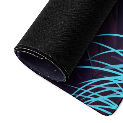 Black textured mousepad with vibrant teal purple vaporwave neon warrior design for gaming desk and retrofuturistic decor