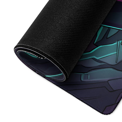 Black textured gaming mousepad with rolled edge and teal-accented vaporwave neon dragon anime graphic design