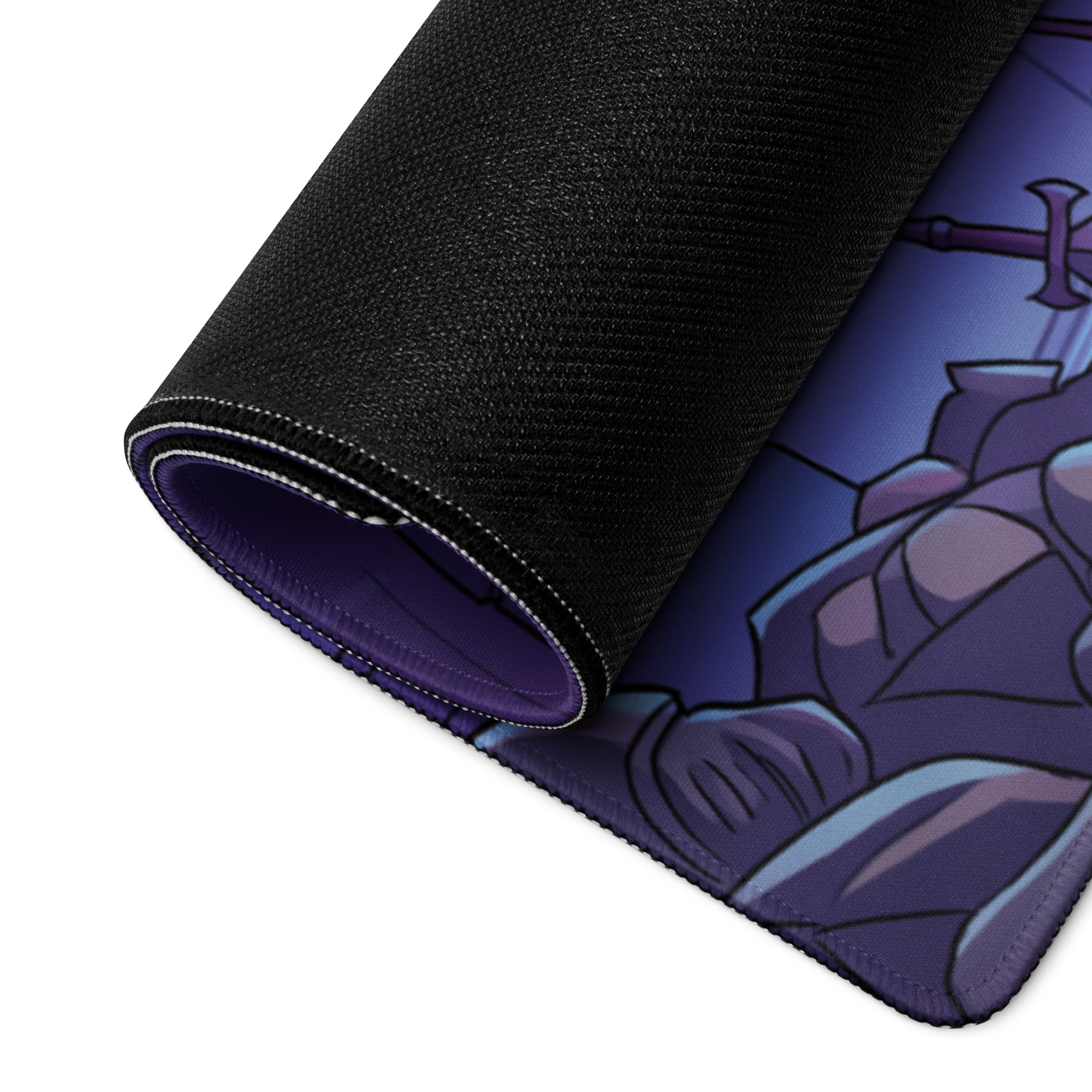 Purple and black gaming mousepad with a textured surface featuring neon vaporwave warrior art for gaming desk setup