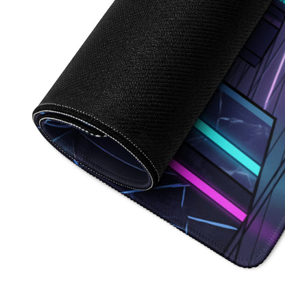A rolled-up black gaming mouse pad with neon teal magenta and purple geometric vaporwave design for retro setups