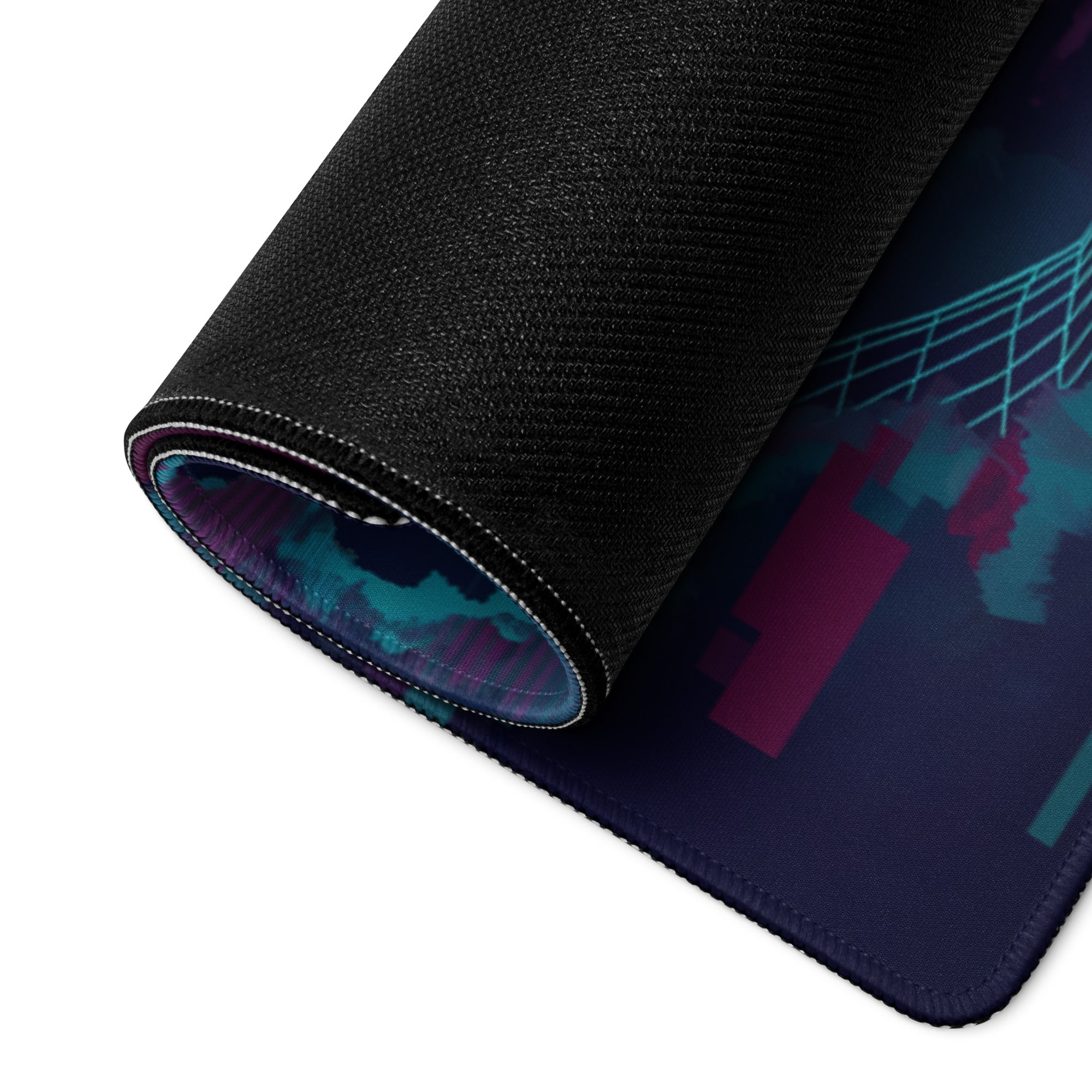 A rolled-up vaporwave galaxy neon mouse pad with black textured surface and vibrant teal magenta purple pixel art edge