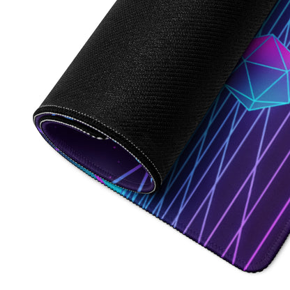 A rolled-up vaporwave neon samurai mouse pad with vibrant purple blue and pink geometric design on black textured surface