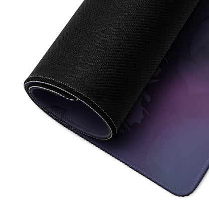 Black textured neon ruins vaporwave mouse pad with purple gradient and white stitching for non-slip desk setup